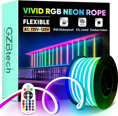 Vista 10 de GZBtech Luces de Cuerda LED de Neón Flexibles 50FT, CA 110-120V Tira de Luz Impermeable, 120 LEDs/M Cortable Conectable Iluminación de Neón