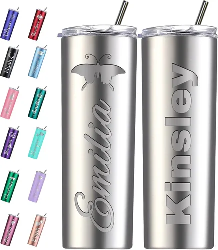 Vista 15 de Vaso personalizado personalizado con nombre grabado y logotipo, vasos delgados personalizados con tapa y pajita, vaso aislado de acero inoxidable