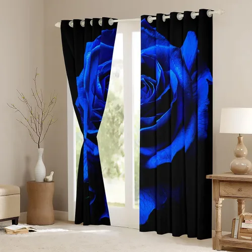 Vista 3 de Cortinas de ventana para el día de San Valentín para dormitorio, sala de estar, estampado 3D, cortinas florales de rosas azules para niños y niñas