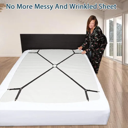 Vista 7 de Correas de cama, sujetadores, clips de sujeción, forma triangular, soporte de esquina ajustable entrecruzado para individual/Queen/King, negro
