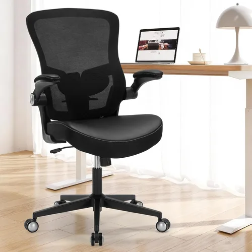 Vista 9 de Ergonomic PU Leather Office Chair, 400lbs Weight Capacity, Breathable Mesh Back, Adjustable Height & Flip-Up Arms, Heavy Duty Computer Desk Chair