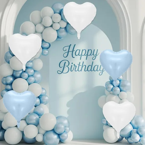 Vista 8 de Globos de corazón azul bebé, 10 piezas de globos en forma de corazón azul claro y blanco pastel, globos de papel de aluminio blanco arena crema