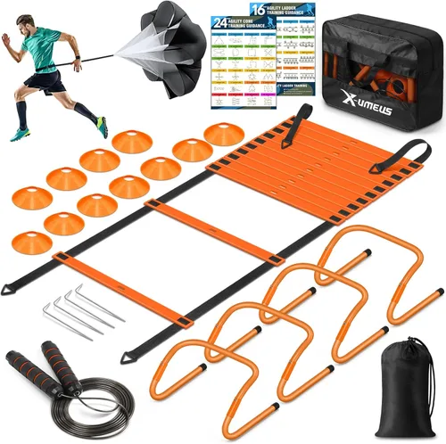 Vista 9 de X-UMEUS Agility Ladder Speed Training Equipment Set-20ft Agility Ladder,12 Soccer Cones,4 Hurdles, Jump Rope, Running Parachute Basketball Football