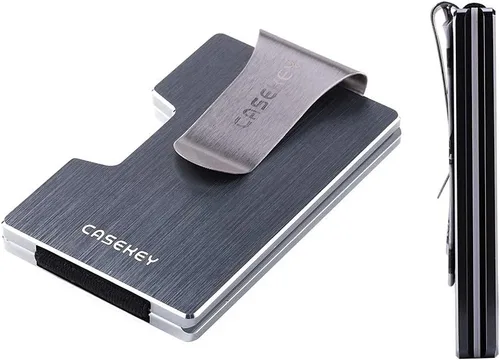 Vista 6 de Cartera minimalista de bloqueo RFID con bolsillo completo de metal Tarjetero de bolsillo Cartera de protección NFC, delgada para hombre, Gris