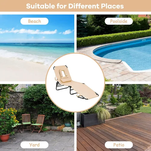 Vista 9 de Sillón plegable de playa con 5 respaldos ajustables y almohada acolchada, tumbona para tomar el sol, silla plana de bronceado para cubierta de Beige