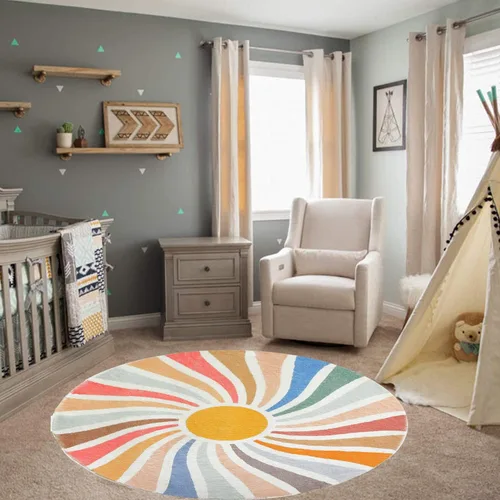 Vista 4 de Poowe Alfombra redonda con diseño de arco iris, colorida alfombra bohemia para niños, ultra suave, lavable, alfombra para habitación del cuarto