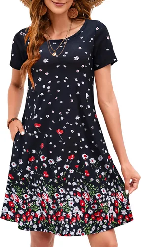 Vista 2 de Sherosa - Vestido de verano sin mangas o con manga corta, estampado floral, con bolsillos, casual, suelto, con vuelo, vestido estilo camiseta