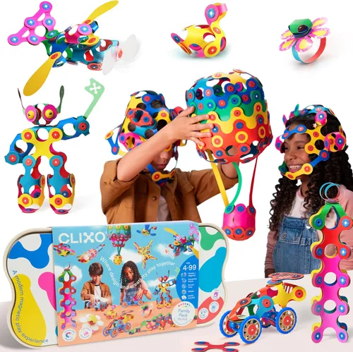 Vista 10 de Clixo Rainbow Pack, juguetes de construcción magnéticos flexibles para niños (42 unidades, 4+) Flexible Imagination STEM magnet toys for travel.