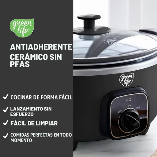 Vista 2 de GreenLife 3.5QT Olla de cocción lenta, cerámica antiadherente sin PFAS ni tóxicos, recipiente interior extraíble, programable, función mantener Negro