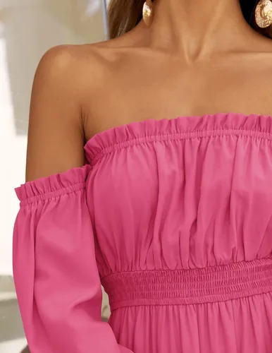 Vista 5 de ZESICA - Vestido largo, bohemio y sexy, con hombros descubiertos y manga larga fruncida, con elástico fruncido, cintura alta y abertura lateral