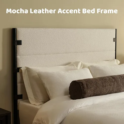 Vista 4 de RECCI Base de cama tapizada tamaño King con cabecero alto con cinturón Crema Boucle