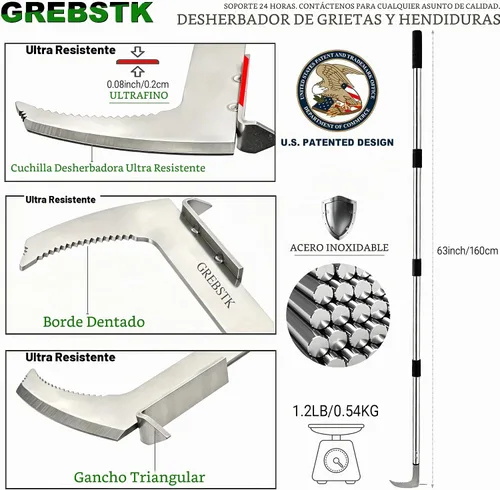 Vista 3 de GREBSTK Crack Weeder Crevice Weeding Stainless Steel Tool Adjustable, 63 in
