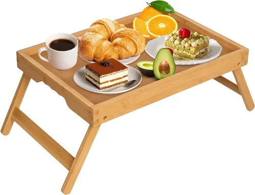 Vista 9 de Artmeer FSC - Bandejas de cama 100% bambú, tamaño mediano, 2 unidades, color natural Two FSC 100% bamboo bed trays with folding legs and handles
