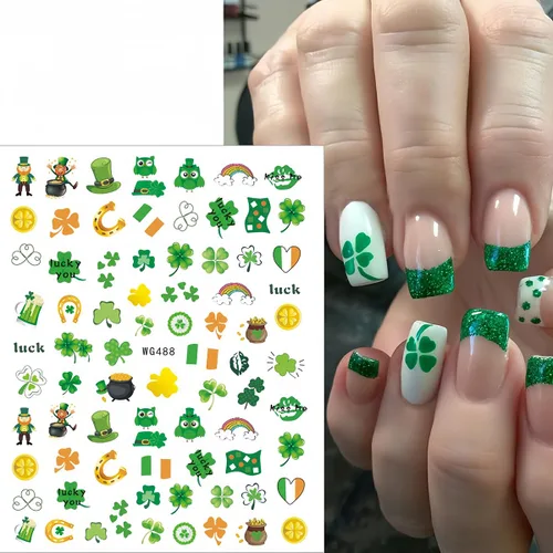 Vista 5 de 7 hojas de calcomanías de uñas del día de San Patricio para arte de uñas, calcomanías autoadhesivas 3D de trébol verde, diseño de uñas irlandesas
