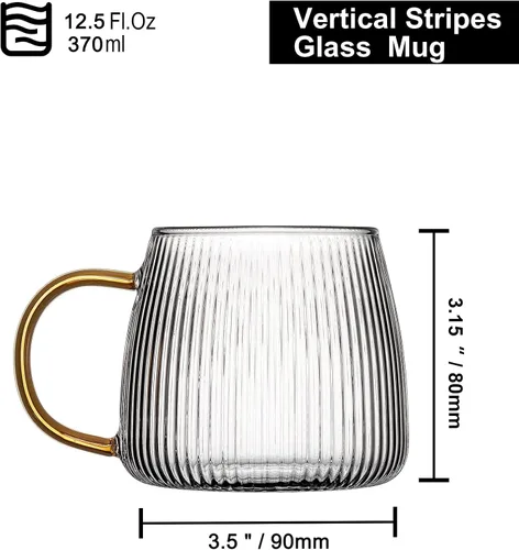 Vista 2 de Juego de 2 tazas de café de cristal únicas de alta calidad con elegante patrón de rayas verticales, mango amarillo claro (transparente)