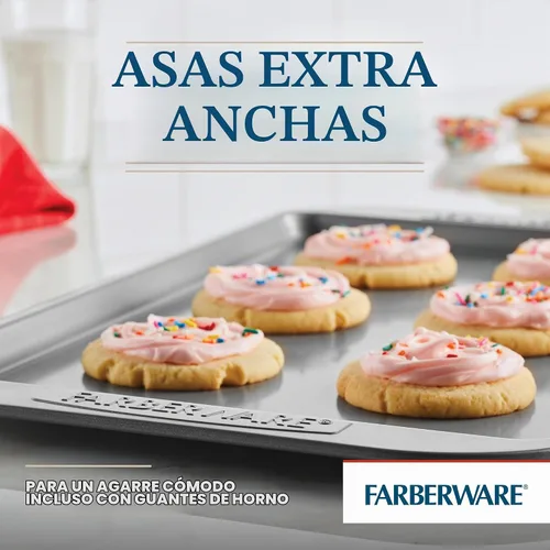 Vista 5 de Farberware Juego de utensilios para hornear antiadherentes, juego de bandejas para galletas de 3 piezas, color gris