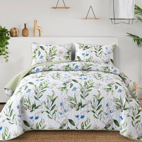 Vista 9 de Anibedding Juego de edredón botánico tamaño Full, 3 piezas reversible, elegante patrón de hojas azules, cubrecama colcha de microfibra suave