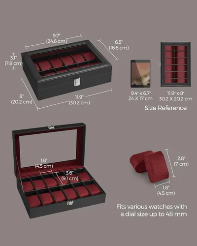 Vista 6 de SONGMICS Caja de reloj, caja de reloj de 12 ranuras con tapa de vidrio grande, almohadas extraíbles para reloj, organizador de caja de reloj, regalo