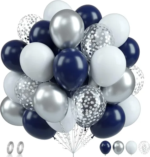 Vista 29 de Globos de graduación azules y dorados, 60 globos impresos con texto en inglés "Felicitaciones", 12 pulgadas, azul marino, blanco, azul, metálico