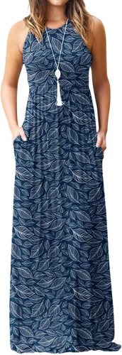 Vista 16 de DEARCASE Vestido largo de verano sin mangas para mujer, con bolsillos E10-floral Negro Azul