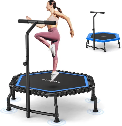 Vista 11 de ANCHEER Trampolín, trampolín de rebote de 50'' para adultos con barra, mini trampolín para interiores y exteriores, trampolín de fitness de 550LBS