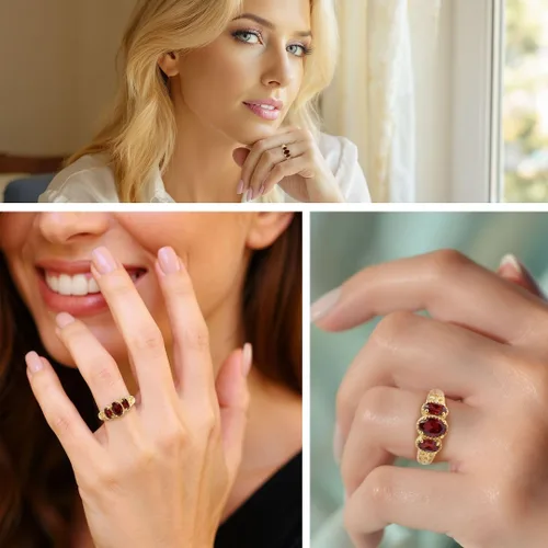 Vista 2 de 3 Stone Garnet Ring for Women in 925 Sterling Silver With 14K Gold Plating - January Birthstone Promise Engagement Vintage Red Garnet Jewelry