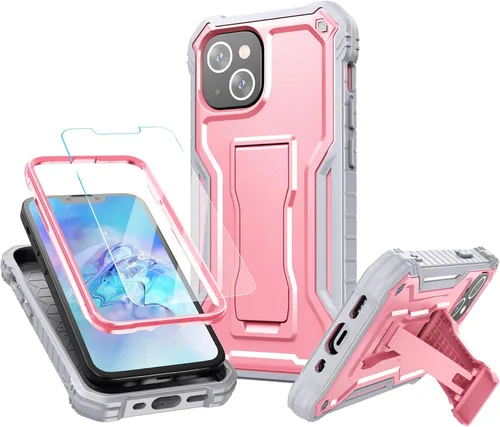 Vista 10 de FITO Funda para Apple iPhone 13, doble capa a prueba de golpes resistente con protector de pantalla de vidrio templado y soporte integrado (verde)