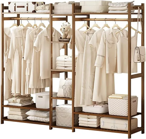 Vista 10 de Perchero de bambú con 5 estantes de almacenamiento para vestidos, zapatos y sombreros, carga máxima de 220.5 lbs, ideal para dormitorio