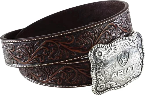 Vista 2 de ARIAT Cinturón de cuero en relieve floral para hombre con hebilla de vaquero plateada envejecida