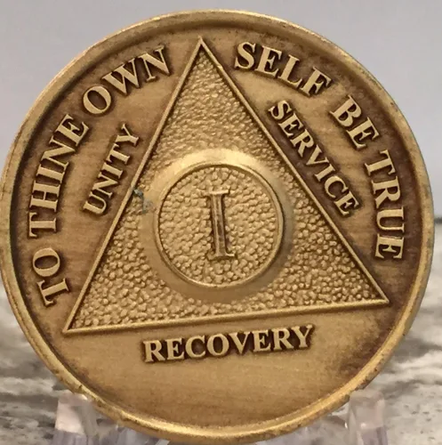 Vista 4 de Juego de 3 medallones AA de bronce de 1 año de sobriedad de aniversario de oración de serenidad