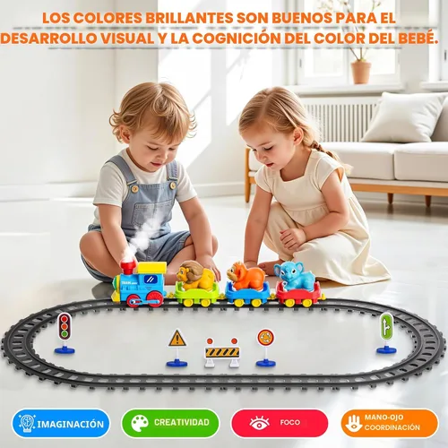 Vista 3 de Juego de tren para niños pequeños con vapor, música y luces - Juguete de tren eléctrico para niños con accesorios de vías, incluye 3 vagones