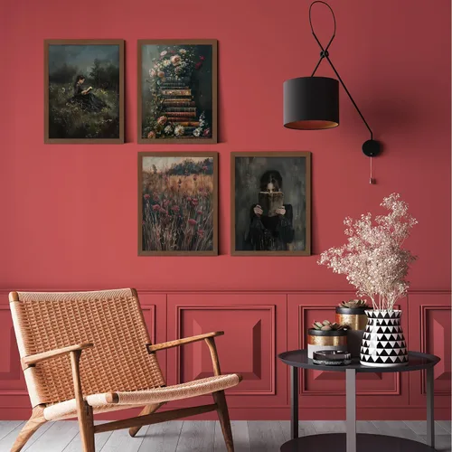 Vista 2 de Unframed Dark Academia Victorian Wall Art Set of 4,Vintage Woman Reading Painting Canvas Prints,Floral Bookshelves,Rustic Field & Antique Book