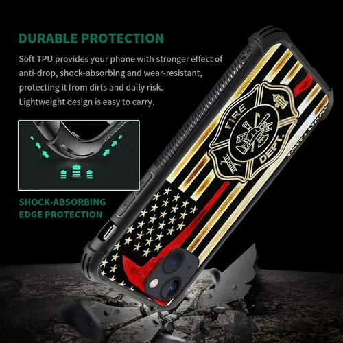 Vista 3 de ZHEGAILIAN Funda compatible con iPhone 14, funda de madera con bandera de hacha de bombero, parte trasera de vidrio templado + funda protectora