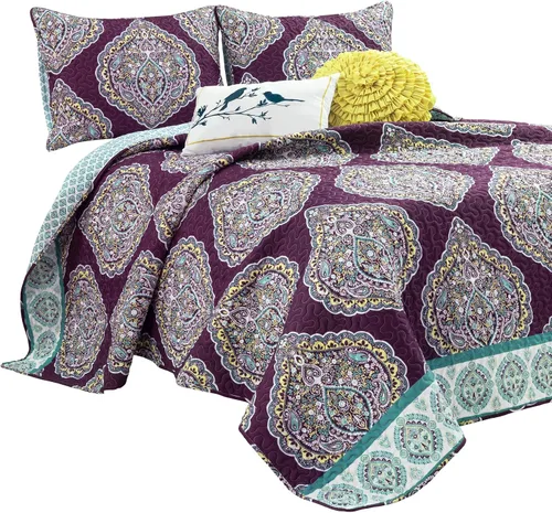 Vista 8 de Lush Decor Harley - Juego de edredón de 5 piezas, matrimonial/queen, morado y turquesa