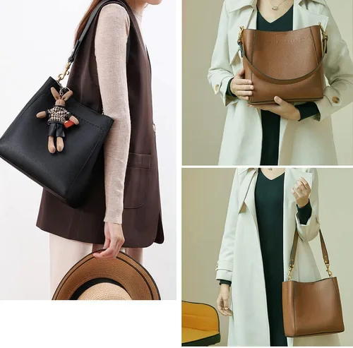 Vista 2 de DORIS&JACKY - Bolso hobo de cuero genuino estilo cubo para mujer, bolso de hombro de diseñador y bolso bandolera con correa ancha desmontable