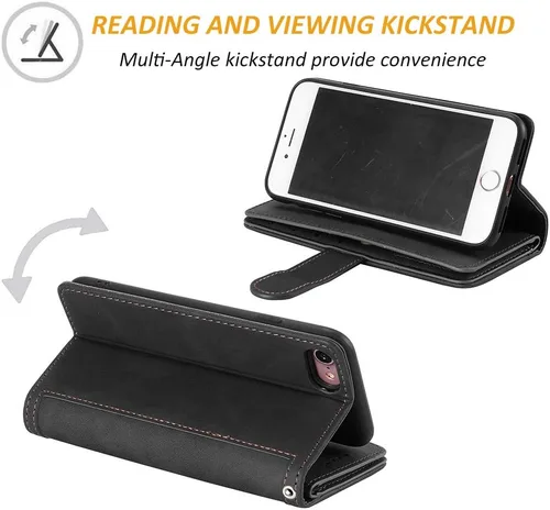 Vista 3 de UEEBAI Funda tipo cartera para iPhone SE 2022 5G/iPhone 7/iPhone 8/iPhone SE 2020, retro con 9 ranuras para tarjetas, bolsillo con cremallera, funda