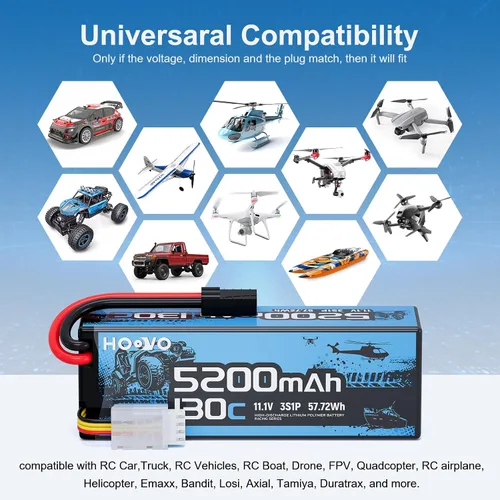 Vista 6 de HOOVO Batería Lipo 3S, 5200mAh 130C 11.1V Lipo batería rígida con enchufe TR, batería RC para coche RC, barco RC, camión RC, modelo de carreras RC