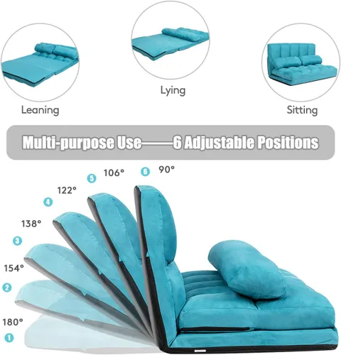 Vista 4 de S AFSTAR Safstar Sofá plegable y futón de suelo, sofá cama de tela de 6 posiciones con 2 almohadas y relleno de esponja, sofá perezoso ajustable Azul