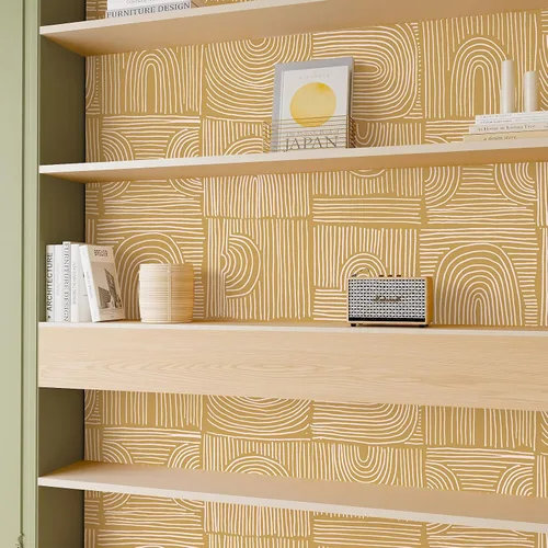 Vista 5 de VEELIKE Papel tapiz geométrico bohemio con arcos amarillos para despegar y pegar, extraíble, para dormitorio, baño, 17.7 x 118 pulgadas, papel tapiz