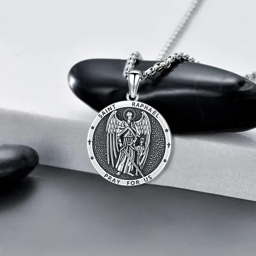Vista 4 de Aniu Collar de plata de ley S925, San Miguel, San Cristóbal, San Benito, San Juda, Crucifijo de Jesús, San Uriel, Arcángel Rafael, San Patricio, San