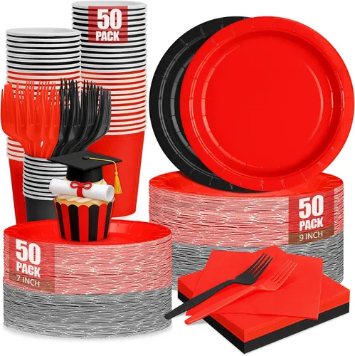 Vista 23 de Platos y servilletas de papel negro, platos desechables para fiestas, incluye platos de 7 y 9 pulgadas, tazas, servilletas, tenedores, suministros