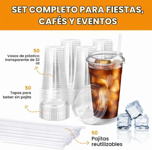 Vista 4 de Vasos de plástico transparente de 32 oz gruesos con tapas y pajitas, reutilizables, desechables vasos para café helado para batidos, cerveza