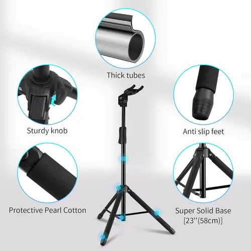 Vista 3 de GUITTO Soporte para guitarra - Bloqueo automático resistente, ajustable y plegable para acústica/eléctrica/bajo (capacidad de 15 kg), base