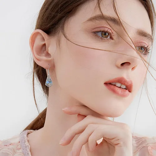 Vista 2 de Aretes de árbol de la vida, colibrí, margarita, mariposa, loto, plata de ley 925, diseño de flor de filigrana, regalo de joyería para mujer