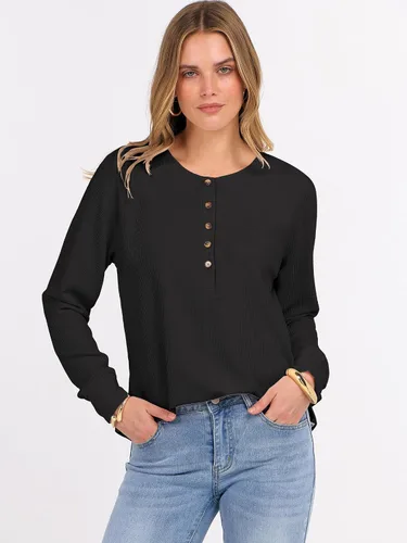 Vista 2 de ANRABESS Camisas de manga larga Henley de punto gofre para mujer Negro