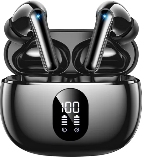 Vista 9 de Auriculares inalámbricos con sonido de graves profundos, auriculares Bluetooth 5.3, 48 horas de reproducción, pantalla LED con micrófono, IPX7