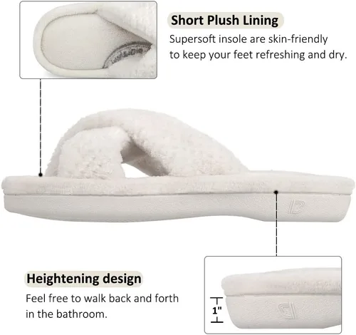 Vista 4 de DL Pantuflas de punta abierta con banda cruzada para mujer, pantuflas de espuma viscoelástica para el hogar con soporte de arco para interiores