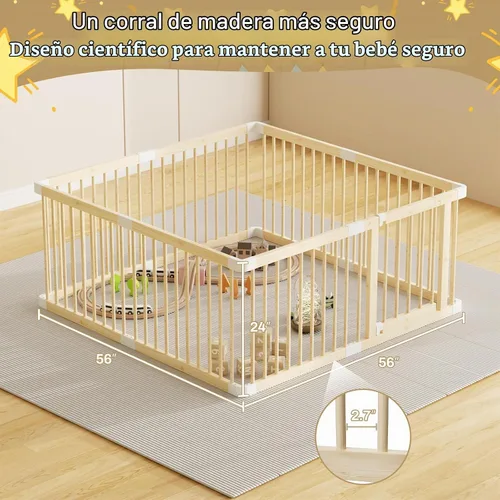 Vista 4 de Corralito grande de madera para bebés, puerta ajustable para niños pequeños y bebés, valla resistente, patio de juegos para bebés con puerta, área