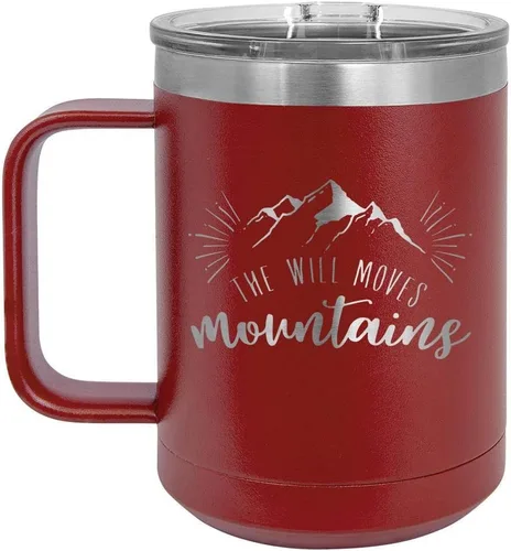 Vista 7 de Taza de café con tapa superior deslizante, diseño de The Will Move Mountains, color negro, de 15 oz con tapa superior Taza de café de viaje
