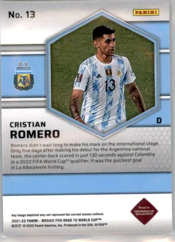 Vista 2 de 2021-22 PANINI MOSAIC FIFA #13 CRISTIAN ROMERO ARGENTINA SOCCER TARJETA OFICIAL DE FÚTBOL DE FÚTBOL